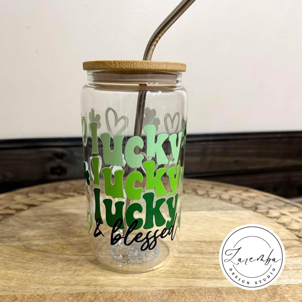 Lucky Lucky Lucky & Blessed Libbey Cup, St. Patrick's Day Beer Can Glass, Clover